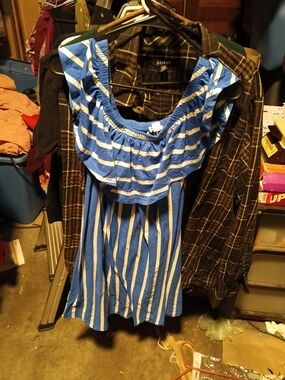 Exist Blue and White Striped Off-Shoulder Casual Dress